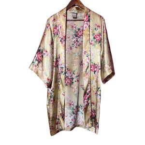Vintage Sophia by Delicates Women Size Medium Yellow Floral Kimono Robe Duster